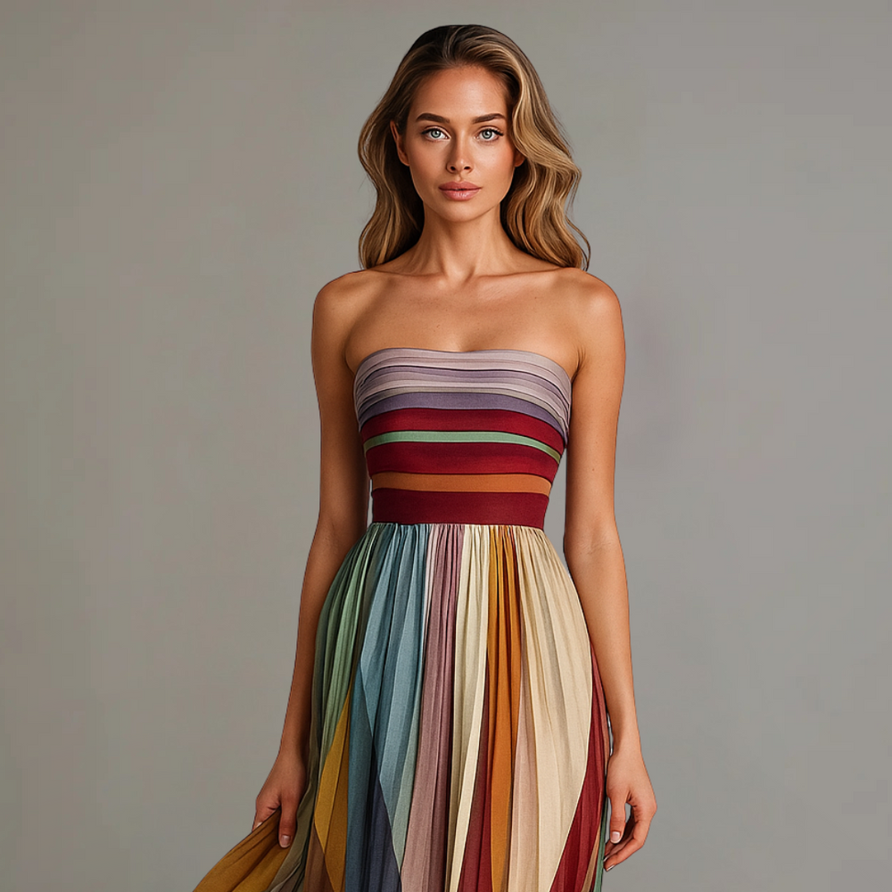 Women's Strapless Pleated Evening Maxi Dress – Fitted Bodice
