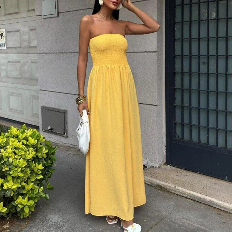 Women's Strapless Pleated Maxi Dress – Elastic-Waist Summer Style