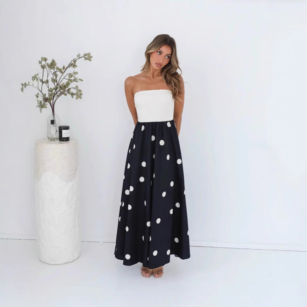 Women's Strapless Polka-Dot Patchwork Maxi Dress – A-Line Fit