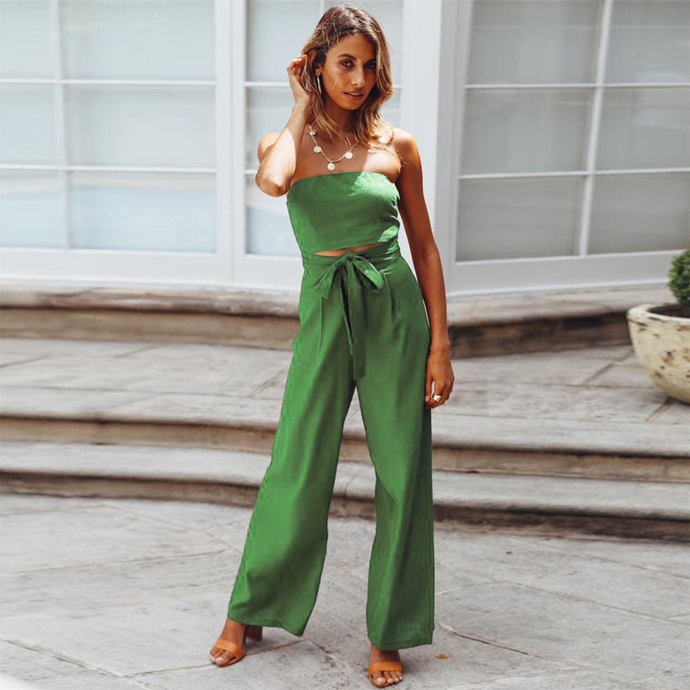 Women's Strapless Wide-Leg Jumpsuit – Tie-Waist Summer Outfit