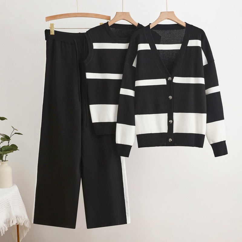 Women's Striped Cardigan, Tank Top and Trouser Knit Set