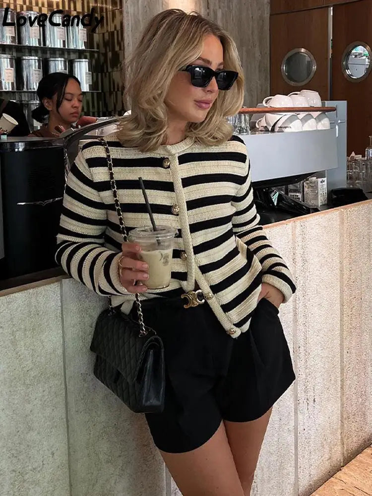 Women's Striped Colour-Block Button Cardigan, S–2XL