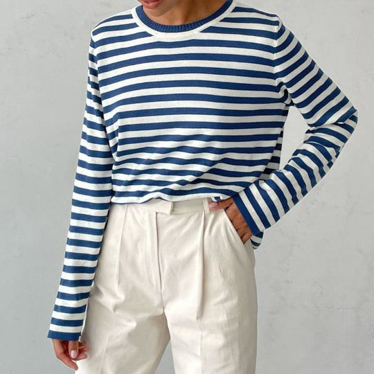 Women’s Striped Cotton-Blend Sweater – Soft Relaxed Long-Sleeve Knit