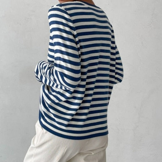 Women’s Striped Cotton-Blend Sweater – Soft Relaxed Long-Sleeve Knit