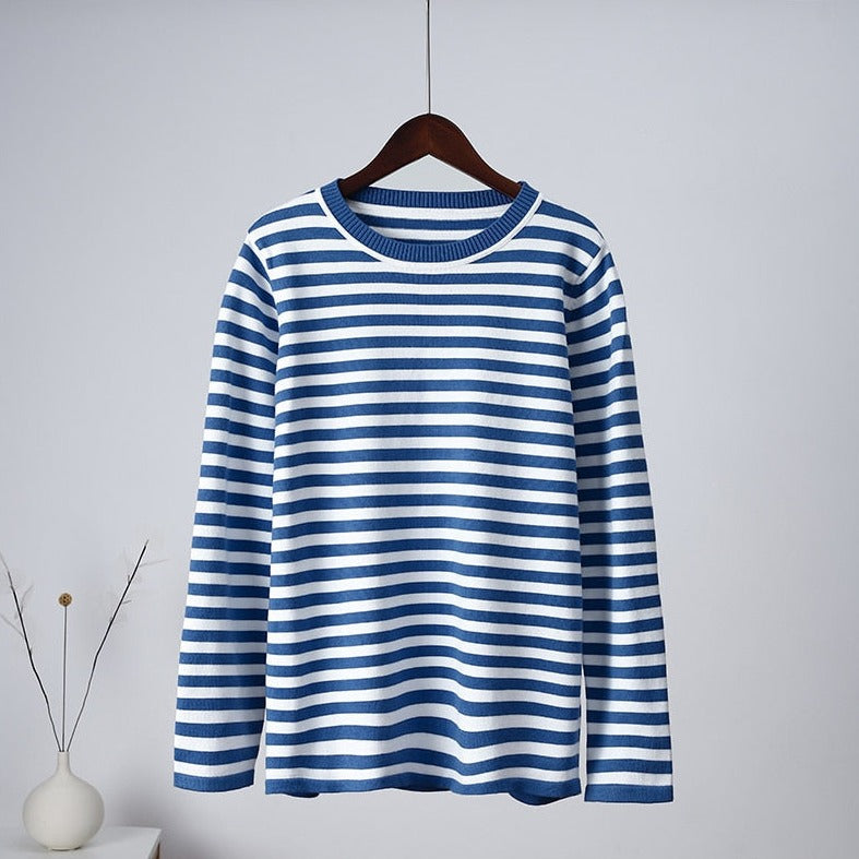 Women’s Striped Cotton-Blend Sweater – Soft Relaxed Long-Sleeve Knit