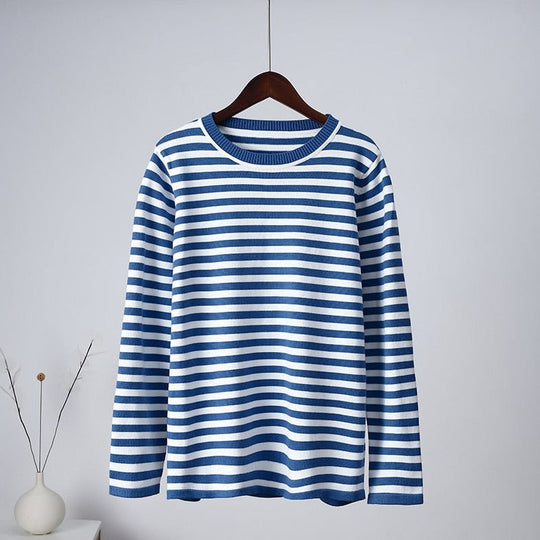 Women’s Striped Cotton-Blend Sweater – Soft Relaxed Long-Sleeve Knit