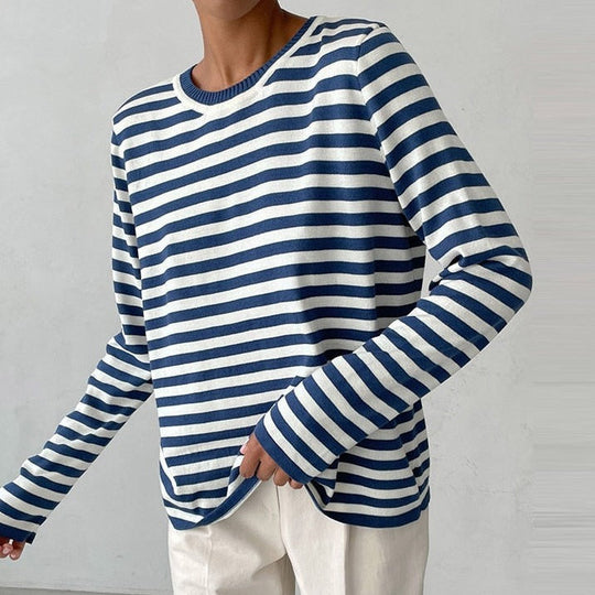 Women’s Striped Cotton-Blend Sweater – Soft Relaxed Long-Sleeve Knit