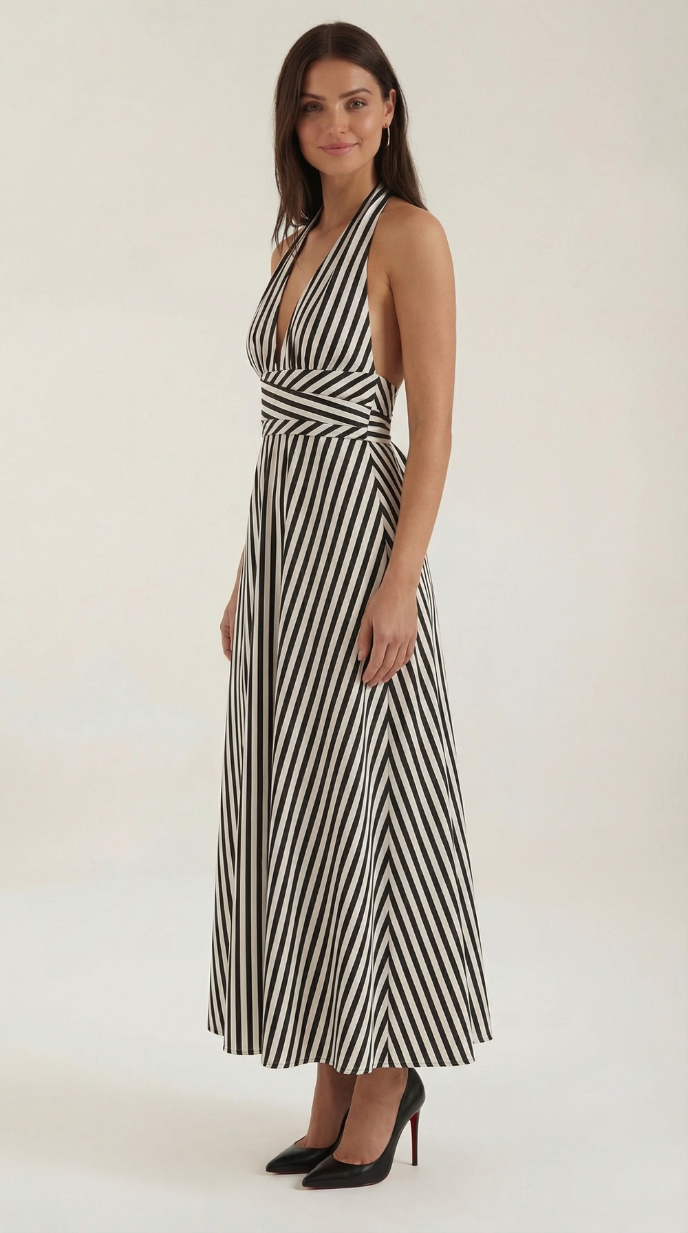 Women's Striped Halter Maxi Dress – Plunging V-Neck and Open Back