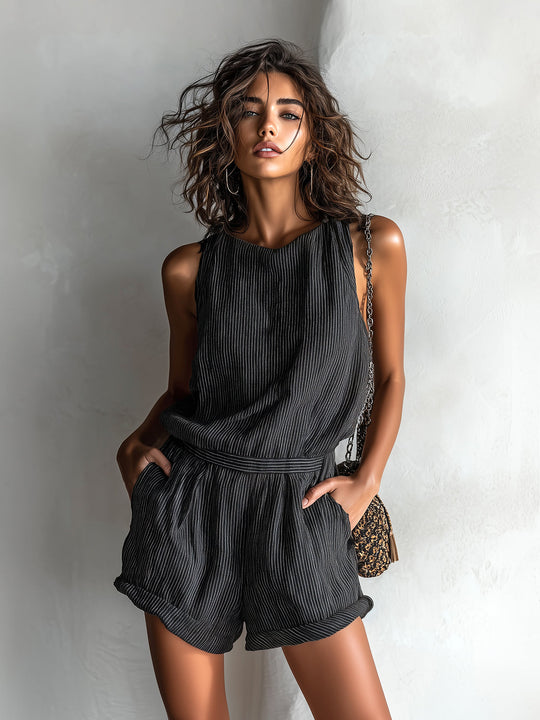 Women’s Striped Linen-Look Romper – Lightweight Summer Playsuit