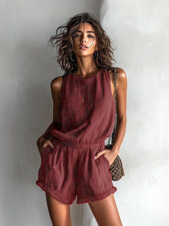 Women’s Striped Linen-Look Romper – Lightweight Summer Playsuit