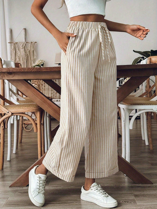 Women’s Striped Linen Wide-Leg Pants – Elastic-Waist Summer Trousers
