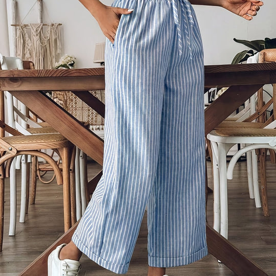 Women’s Striped Linen Wide-Leg Pants – Elastic-Waist Summer Trousers
