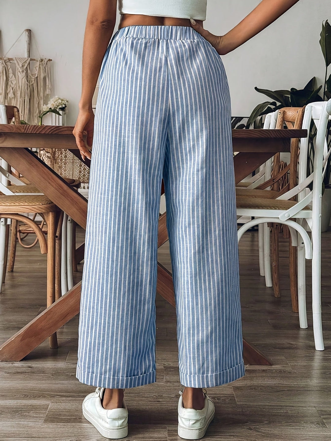 Women’s Striped Linen Wide-Leg Pants – Elastic-Waist Summer Trousers