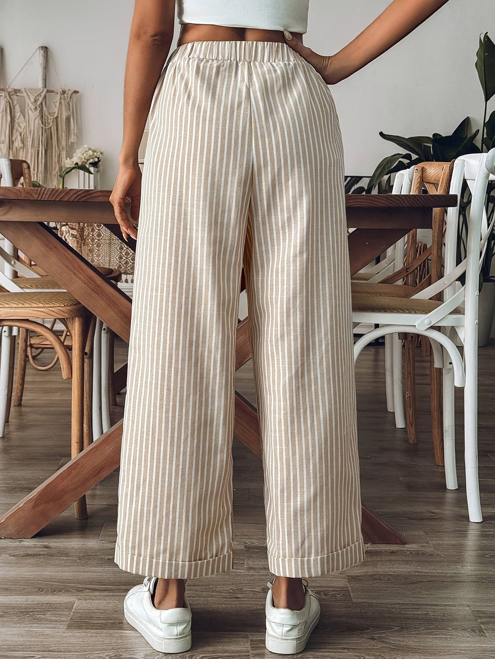 Women’s Striped Linen Wide-Leg Pants – Elastic-Waist Summer Trousers