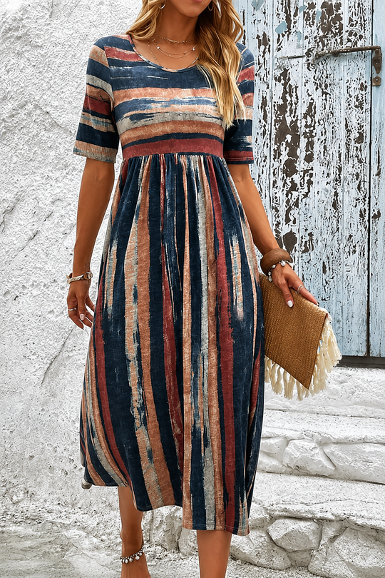 Women’s Striped Midi Dress – Flowing Midsection-Skimming Fit