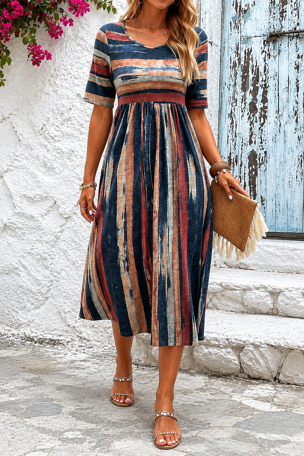 Women’s Striped Midi Dress – Flowing Midsection-Skimming Fit