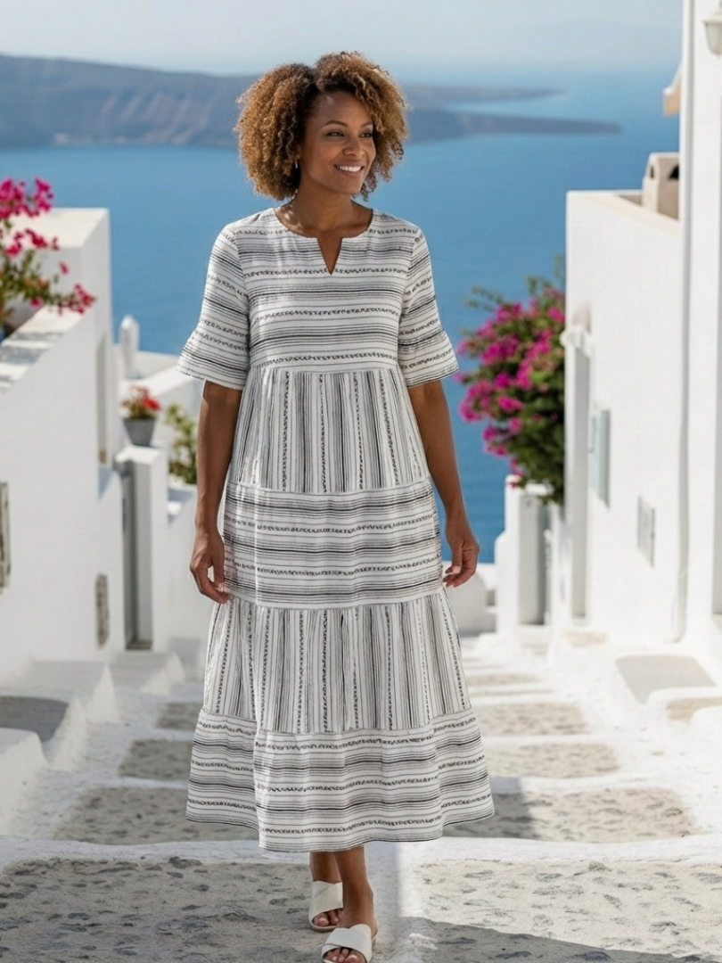 Women’s Striped Ruffle Midi Dress with Short Sleeves