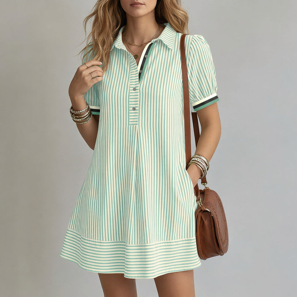 Women's Striped Shirt Dress – High-Neck Puff-Sleeve Style