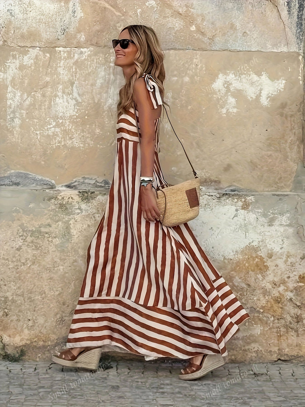 Women's Striped Strappy Maxi Dress – Flowing Defined-Waist Summer Style