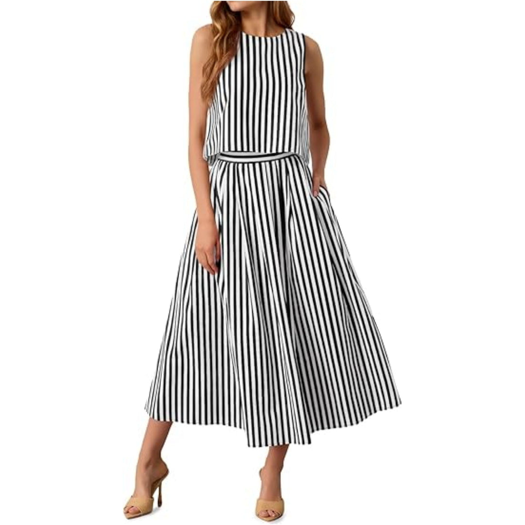 Women’s Striped Tank and Skirt Set – Printed Bohemian Two-Piece Outfit