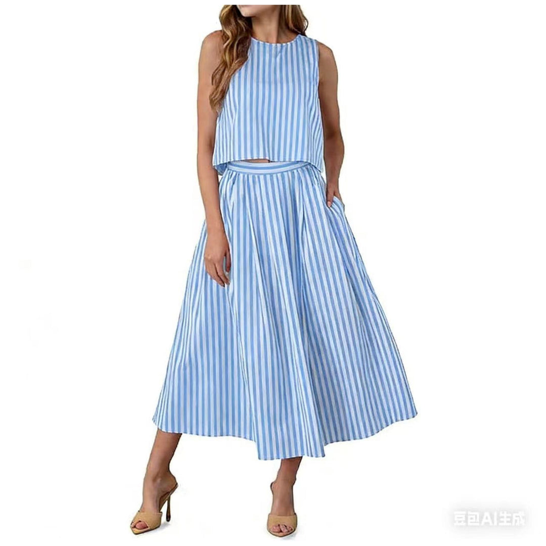 Women’s Striped Tank and Skirt Set – Printed Bohemian Two-Piece Outfit