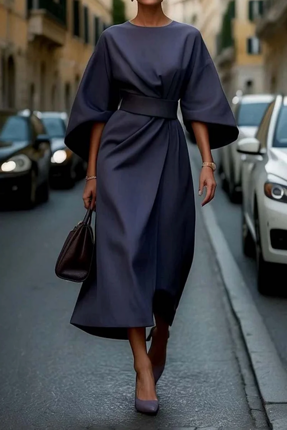 Women's Structured Wide-Sleeve Midi Dress with Defined Waist