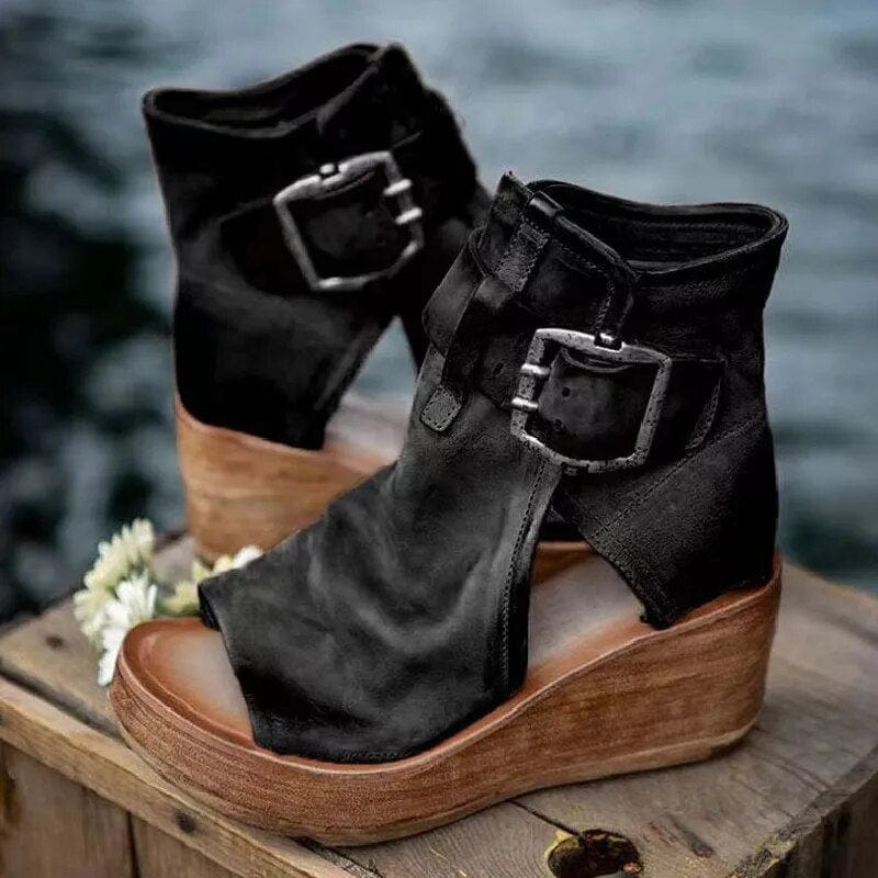 Women's Suede Open-Toe Platform Ankle Boots – Chunky Heel