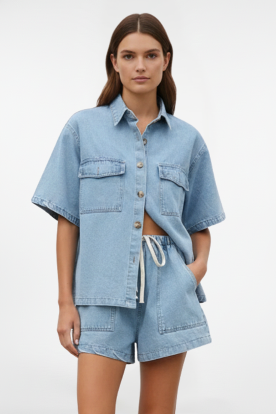 Women’s Summer Denim Set – Short-Sleeve Jacket and Drawstring High-Waist Shorts