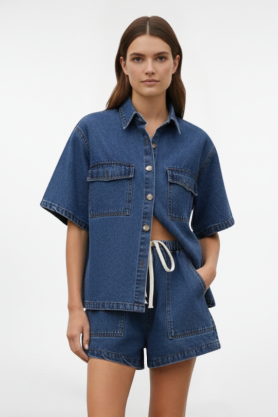 Women’s Summer Denim Set – Short-Sleeve Jacket and Drawstring High-Waist Shorts