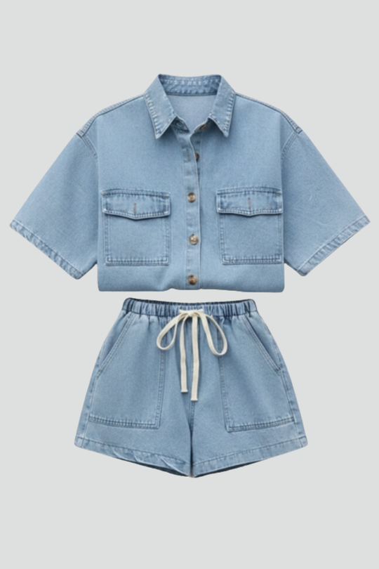 Women’s Summer Denim Set – Short-Sleeve Jacket and Drawstring High-Waist Shorts