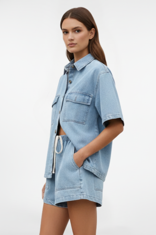 Women’s Summer Denim Set – Short-Sleeve Jacket and Drawstring High-Waist Shorts