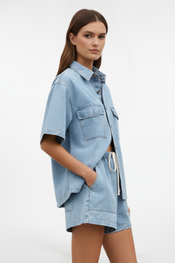 Women’s Summer Denim Set – Short-Sleeve Jacket and Drawstring High-Waist Shorts