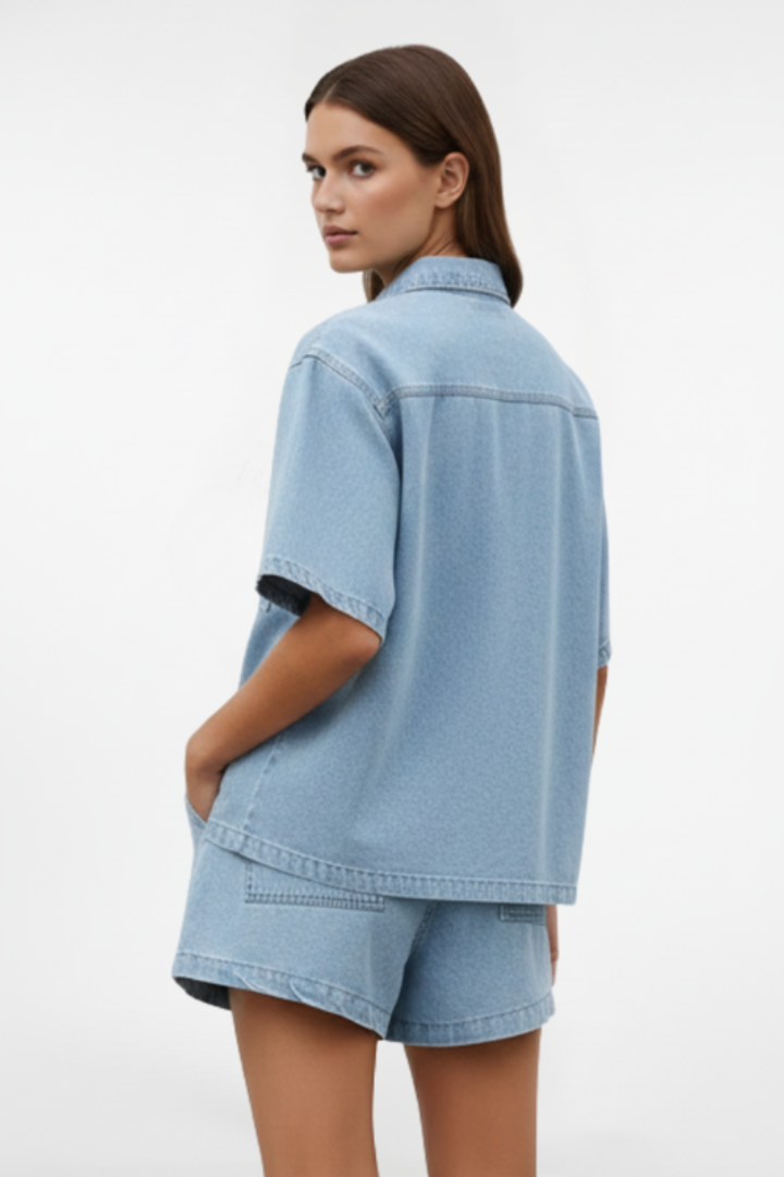 Women’s Summer Denim Set – Short-Sleeve Jacket and Drawstring High-Waist Shorts