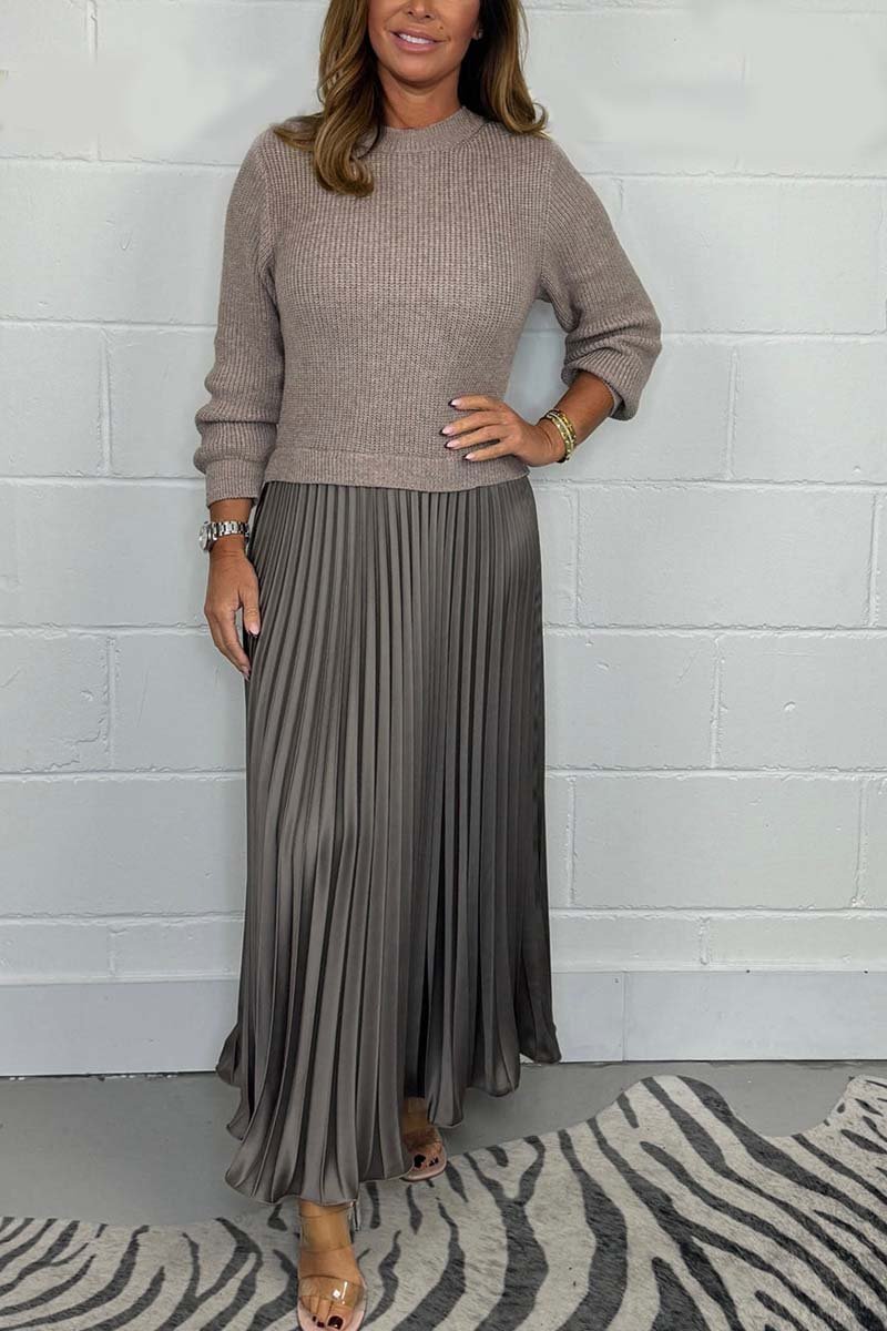 Women's Sweater and Satin Skirt Set – Knitted Top with Pleated Midi Skirt