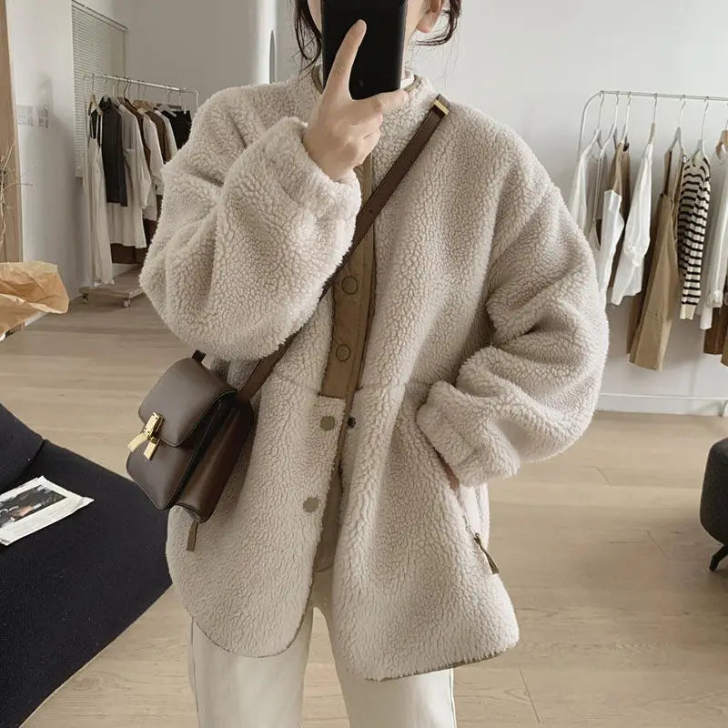 Women's Teddy Jacket – Soft Zip-Up Coat with Stand Collar