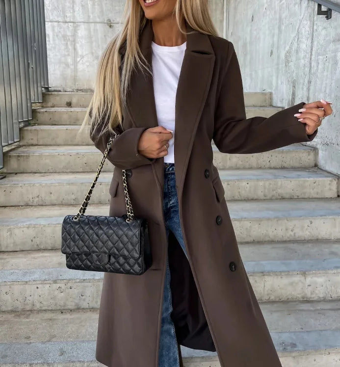 Women's Thick Double-Breasted Polyester Coat with Lapels and Pockets