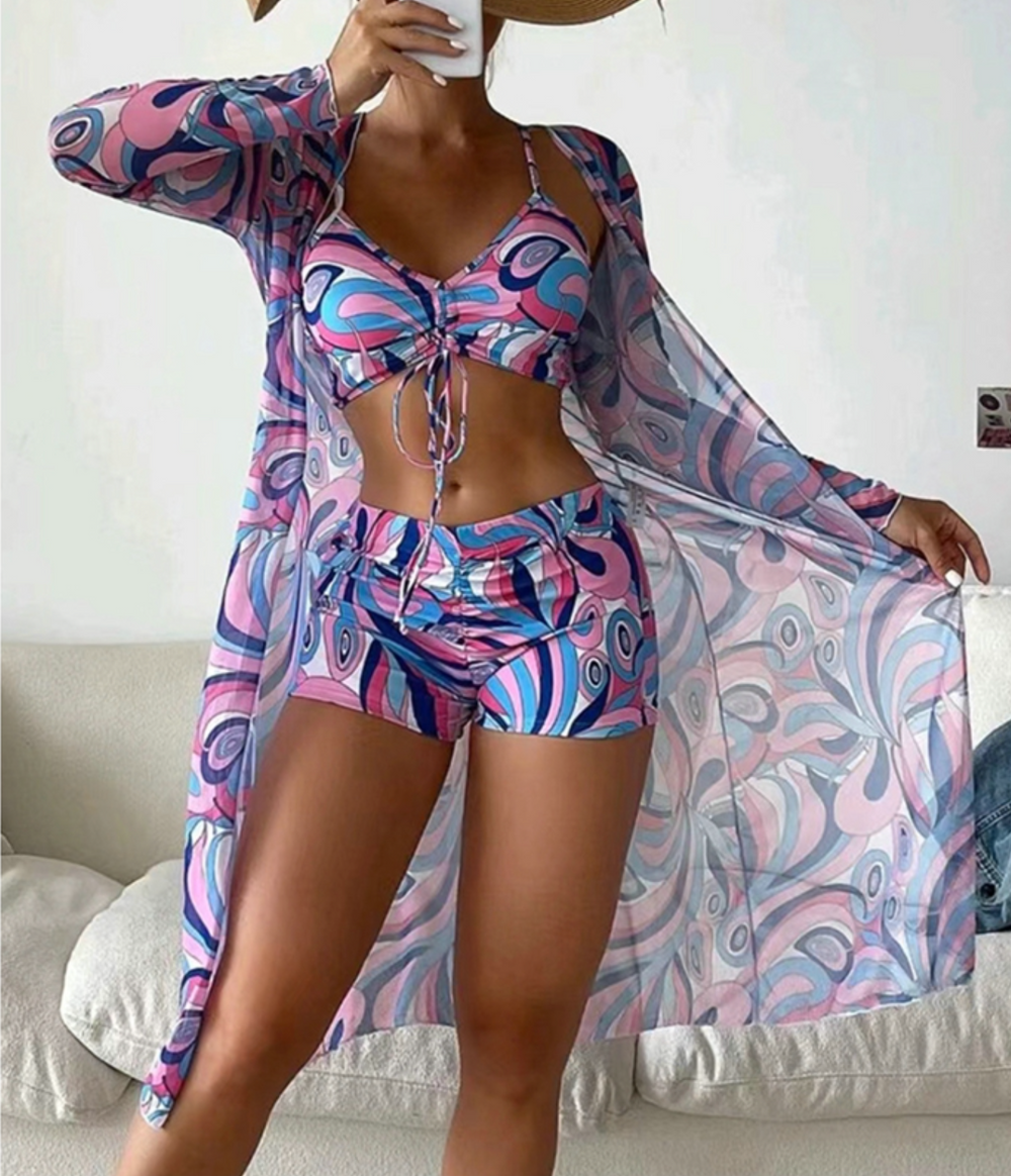 Women's Three-Piece Bikini Set with Printed Beach Cover-Up