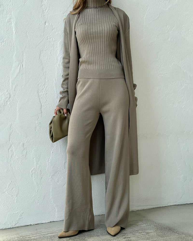 Women's Three-Piece Lounge Set – Ribbed Top, Wide-Leg Trousers and Long Cardigan