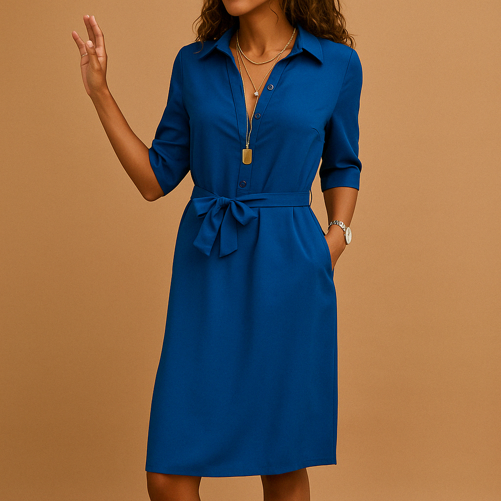 Women's Tie-Waist Midi Shirt Dress – Tailored Collar Smart-Casual Style