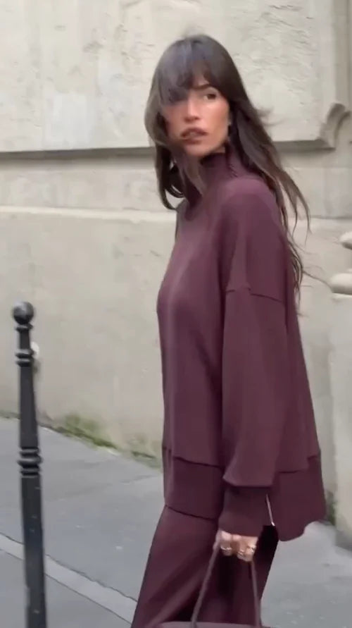 Women’s Turtleneck Lounge Set – Oversized Top and Wide-Leg Trousers