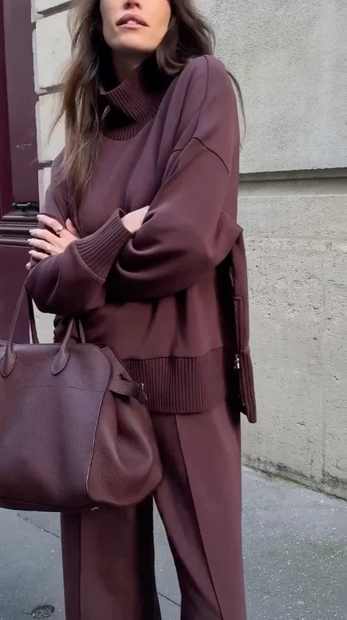 Women’s Turtleneck Lounge Set – Oversized Top and Wide-Leg Trousers