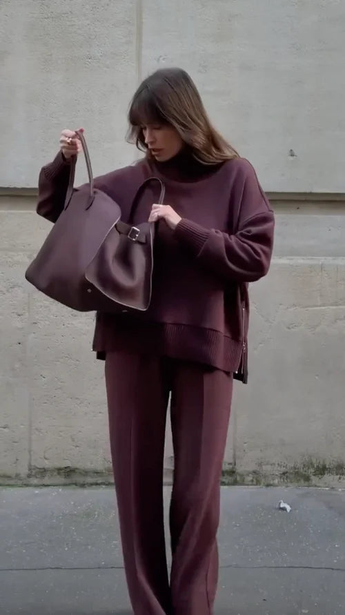 Women’s Turtleneck Lounge Set – Oversized Top and Wide-Leg Trousers
