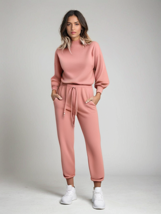 Women’s Two-Piece Lounge Tracksuit – High-Neck Top and Drawstring Trousers