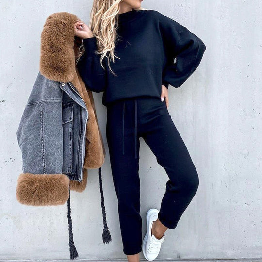 Women’s Two-Piece Lounge Tracksuit – High-Neck Top and Drawstring Trousers