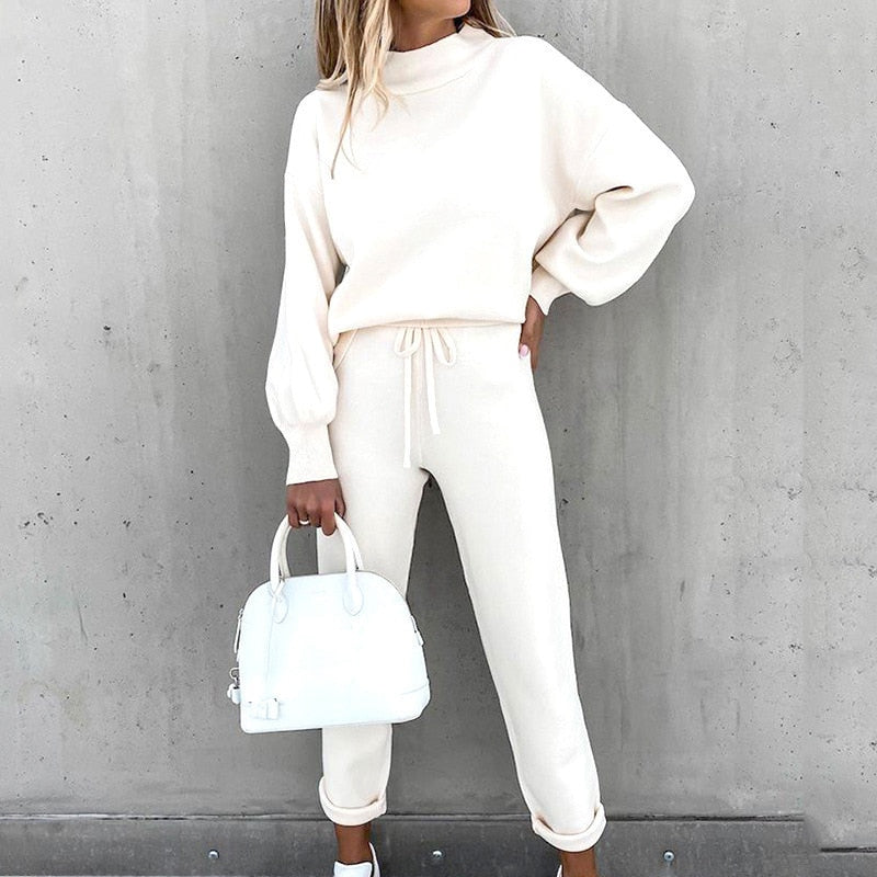 Women’s Two-Piece Lounge Tracksuit – High-Neck Top and Drawstring Trousers
