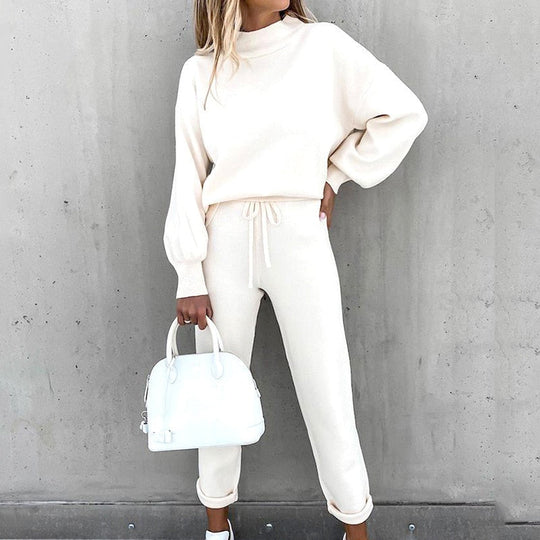 Women’s Two-Piece Lounge Tracksuit – High-Neck Top and Drawstring Trousers