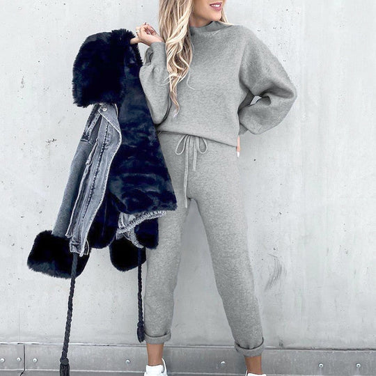 Women’s Two-Piece Lounge Tracksuit – High-Neck Top and Drawstring Trousers