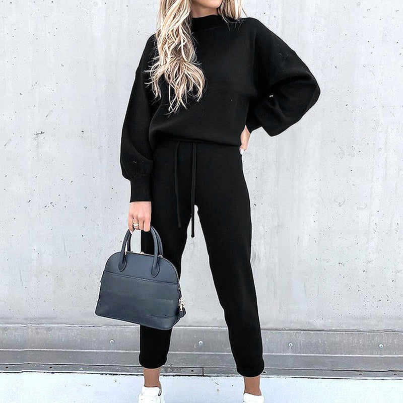 Women’s Two-Piece Lounge Tracksuit – High-Neck Top and Drawstring Trousers
