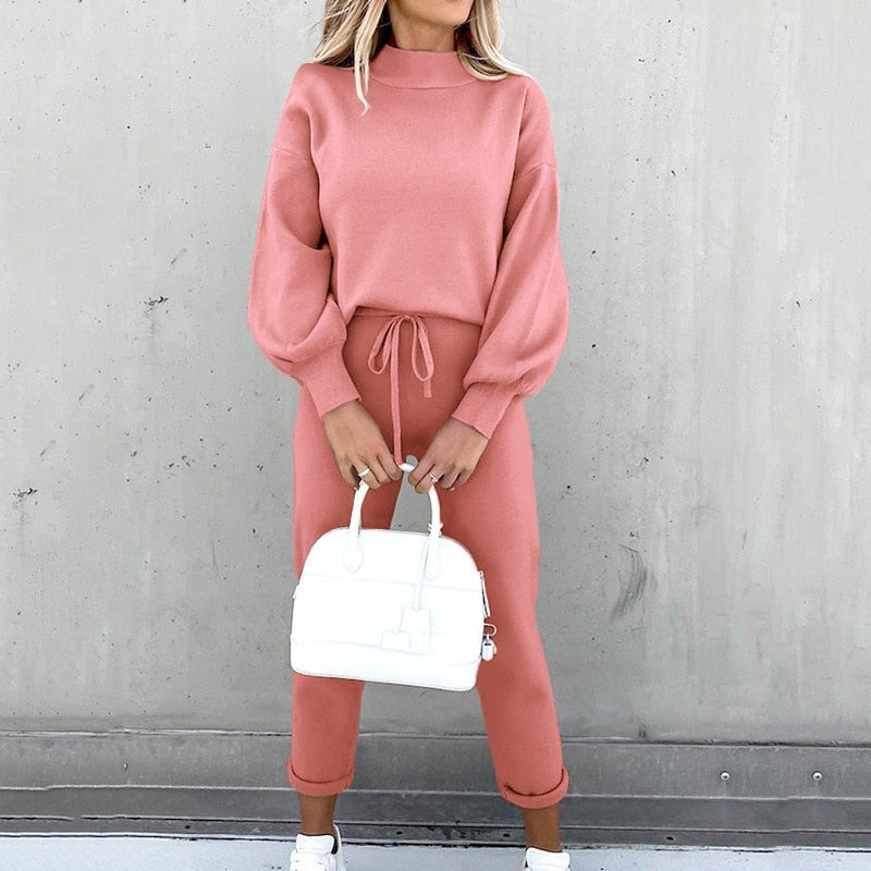 Women’s Two-Piece Lounge Tracksuit – High-Neck Top and Drawstring Trousers