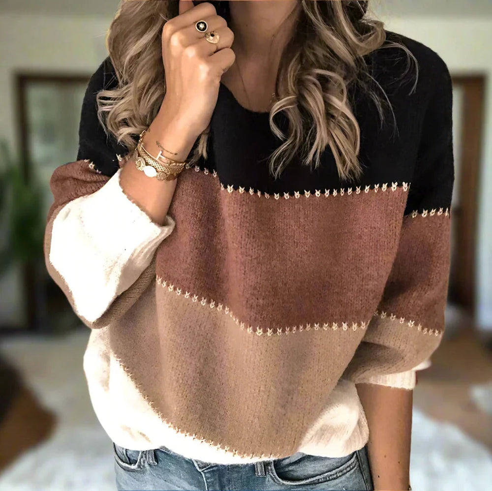Women's Two-Tone Crew-Neck Knit Sweater – Relaxed Contrast-Panel Design